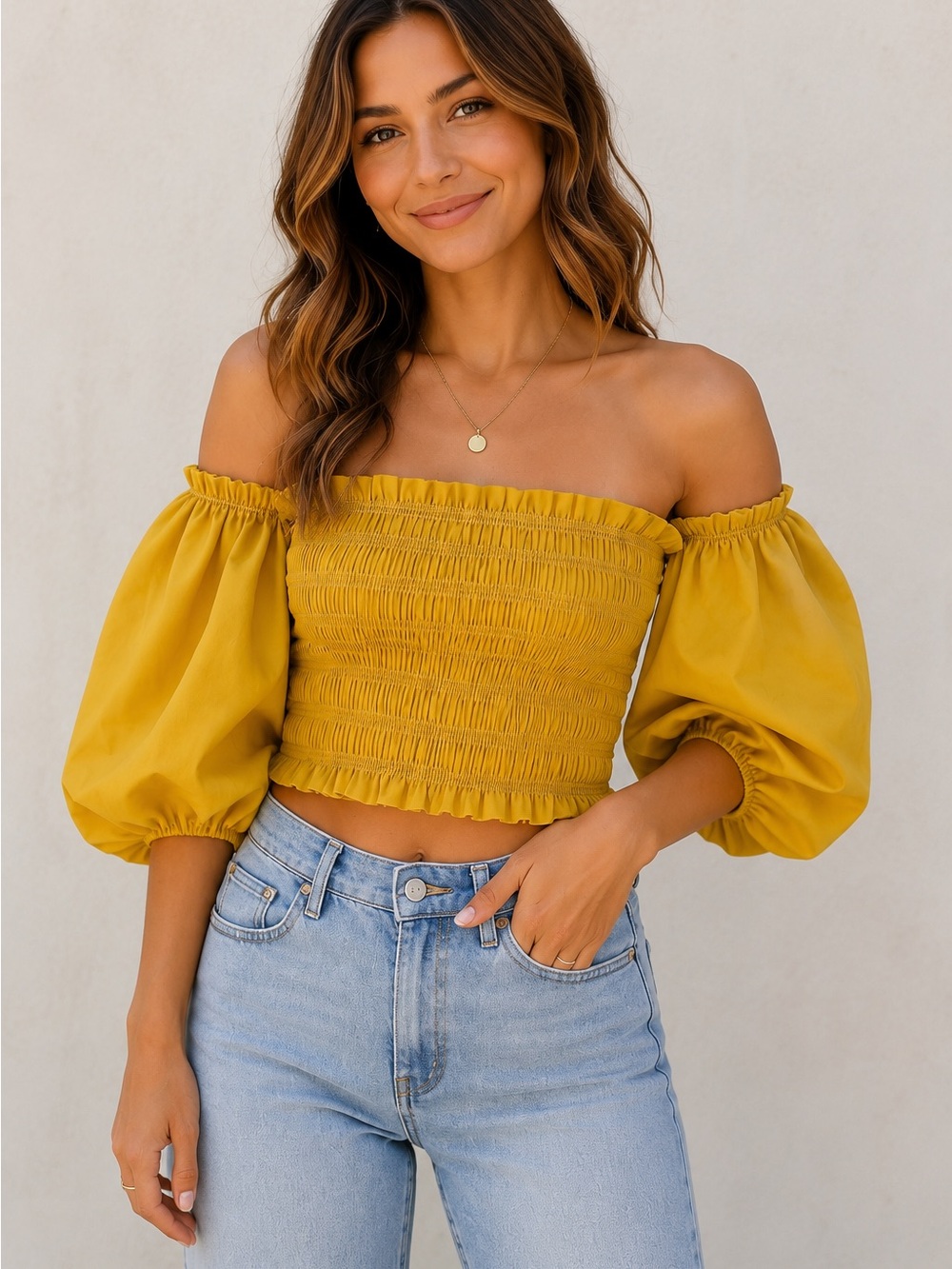NWT Vestique Honeybunch Top Mustard Smocked Puff Sleeve Crop Top Medium